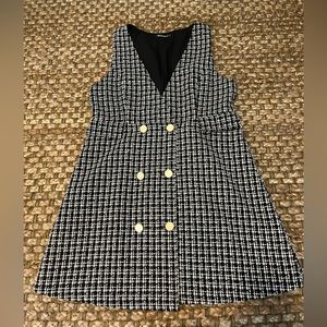 Allegra K Black/White Tweed Dress with Gold Button Detail